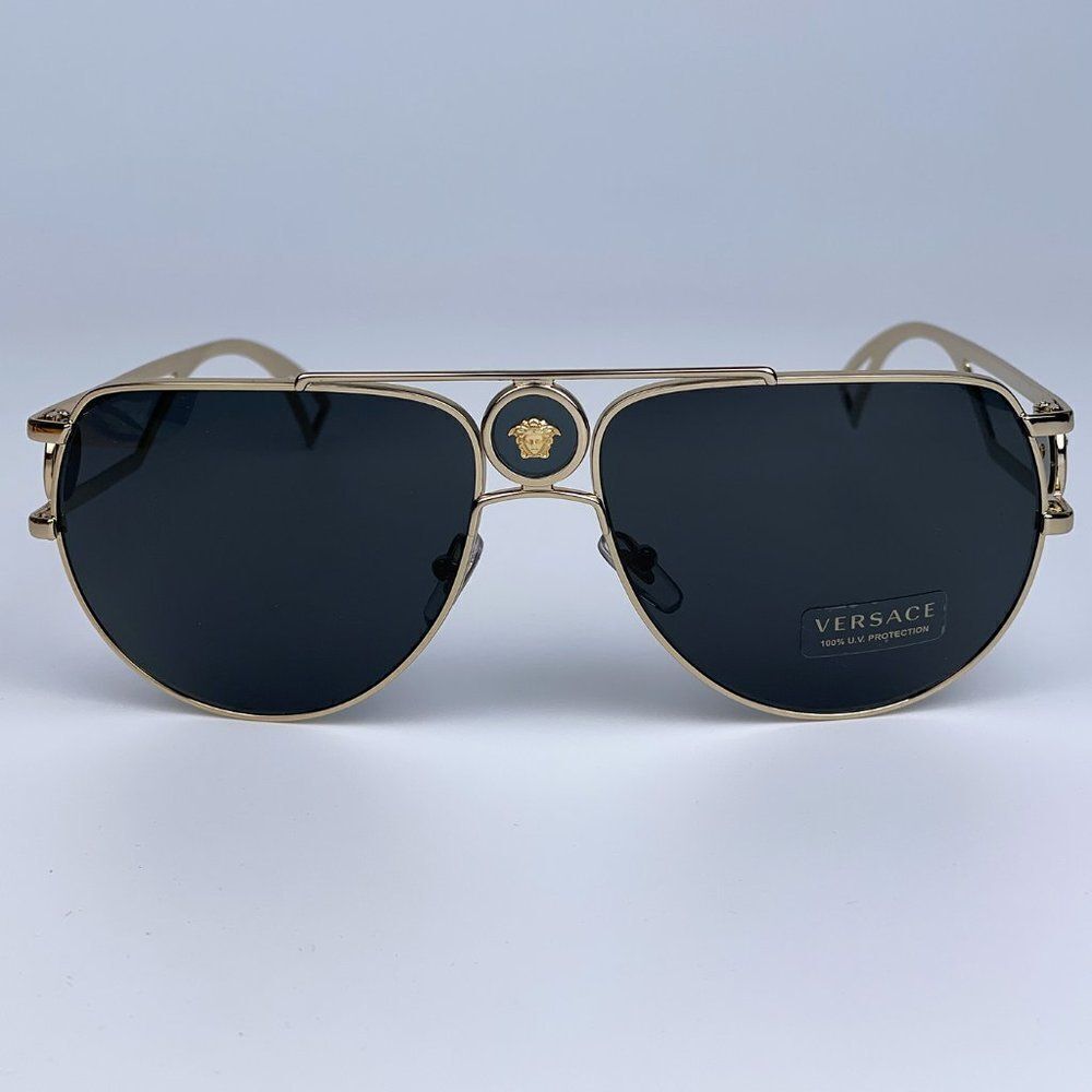 NEW Versace VE2225 MEDUSA PILOT 100287 Gold Gray Aviator Metal Unisex Sunglasses